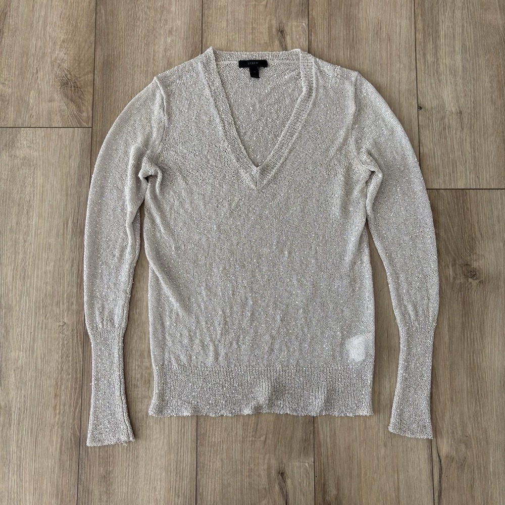 J.‎ Crew Women's XS Sweater Silver Glitter Lightweight V-Neck Viscose Polyester